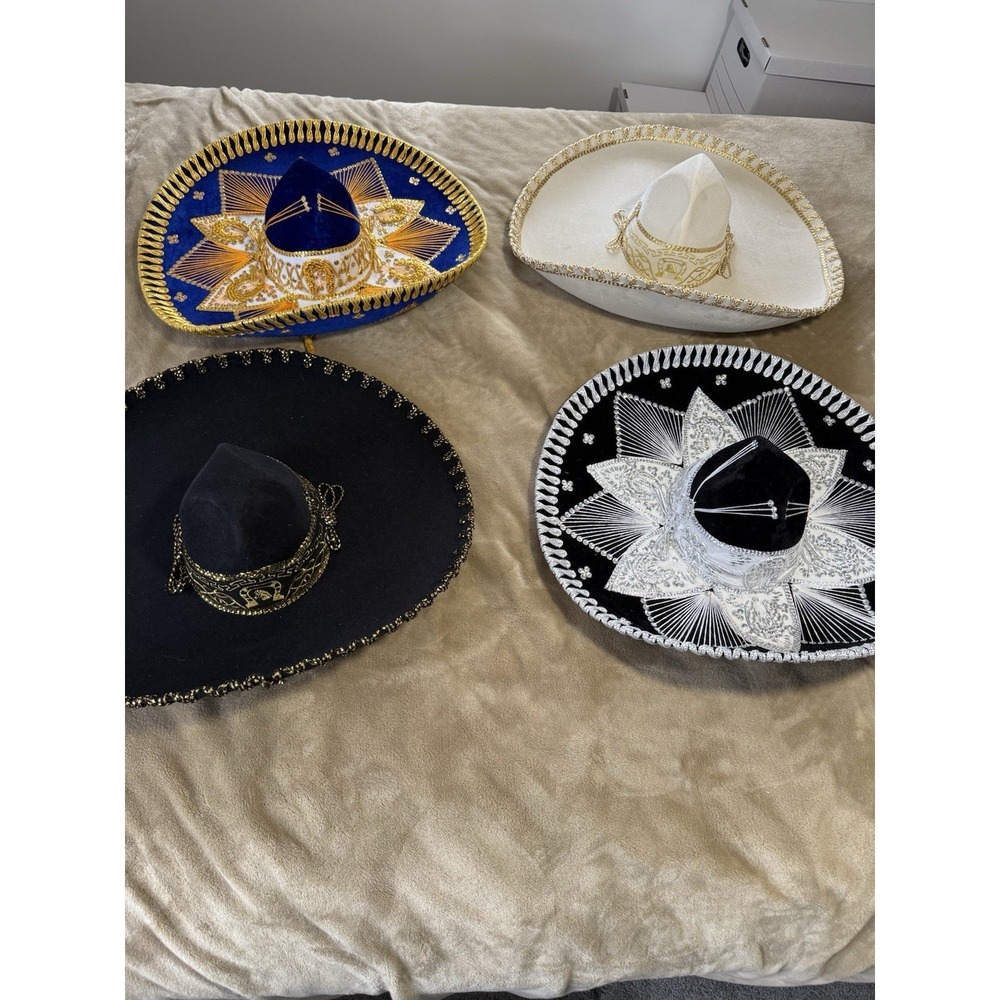 (Set Of 4) PIGALLE Mexican Mariachi Sombrero Hats Various Colors, Made In Mexico